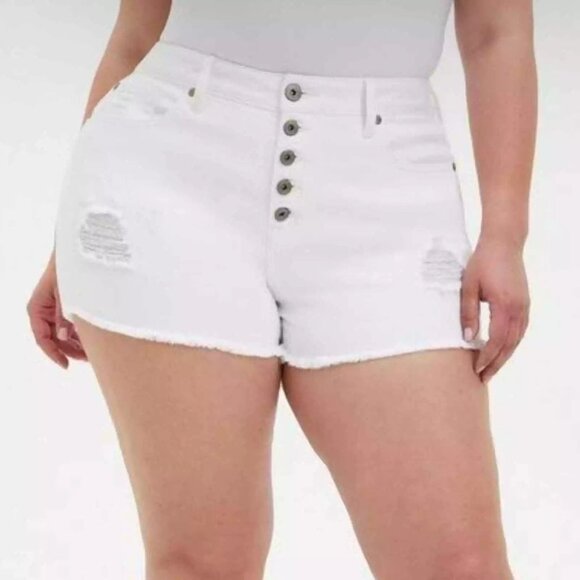 Torrid Size 24 White Mid Rise Mid Shorts Distressed Denim Cut Off Button Fly - Picture 1 of 8